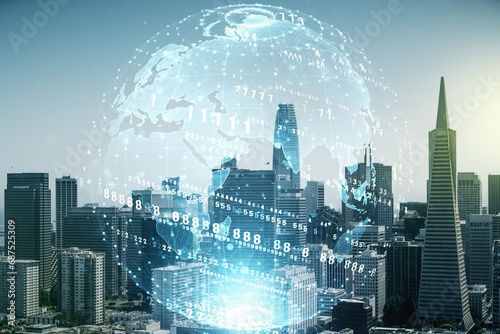Abstract virtual coding concept and world map hologram on San Francisco skyline background. Multiexposure