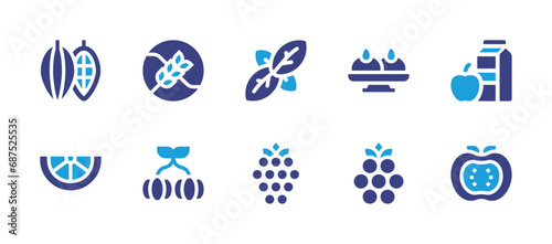 Nutrition icon set. Duotone color. Vector illustration. Containing basil, cocoa, healthy food, sandesh, celiac, raspberry, lime, persimmon, blackberry, pitanga.