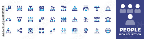 People icon collection. Duotone color. Vector and transparent illustration. Containing love, teamwork, goal, acupuncture, jury, team, location, idea, cinema, investor, chat, story, demostration. photo