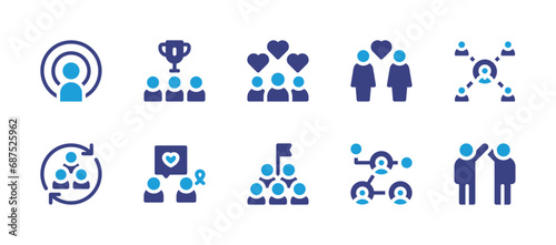 People icon set. Duotone color. Vector illustration. Containing target, fans, teamwork, goal, success, winner, couple, no discrimination, connection. © Huticon