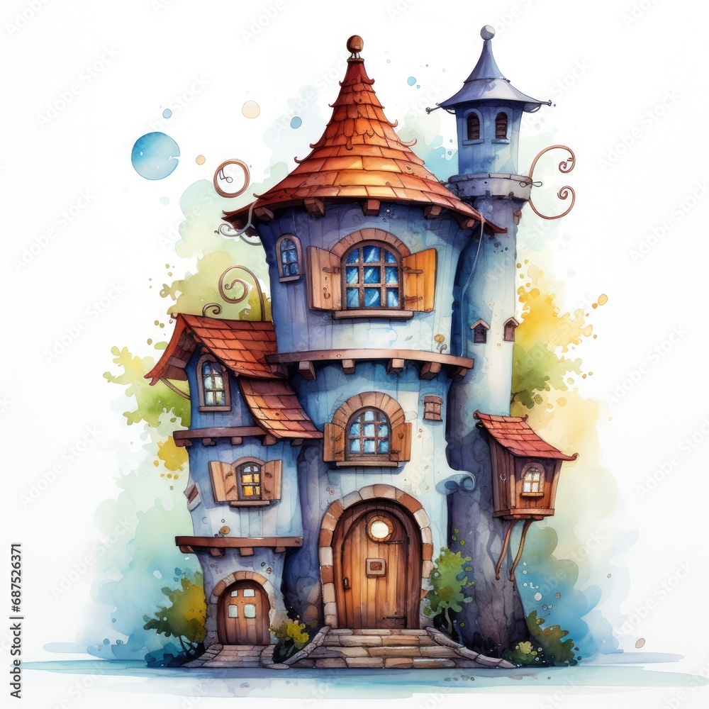 watercolor illustration of a fairy tale castle with wooden doors and windows.