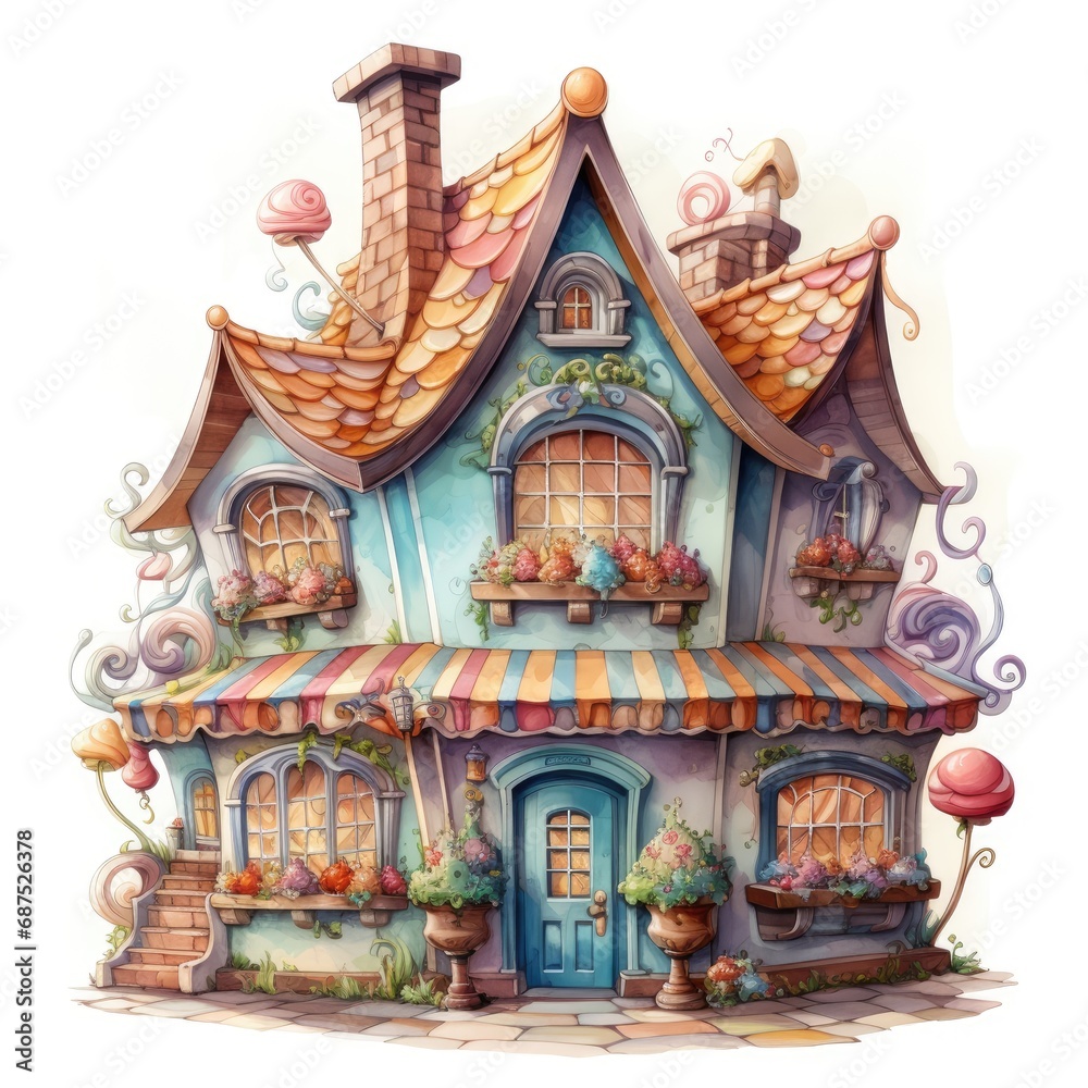 Cartoon house with flowers and candies. Watercolor cartoon illustration