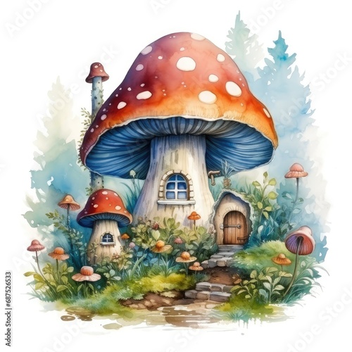 Fantasy mushroom house. Watercolor cartoon illustration isolated on white background