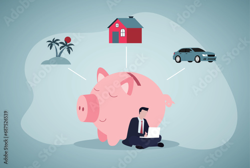 Male person with laptop saving money for holiday, house or car. Island, house and automobile above giant piggybank flat vector illustration. Investment, finances, wealth concept for banner, website.