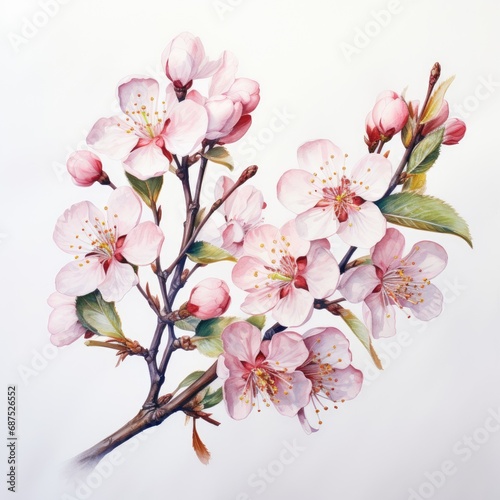 Branch of cherry blossoms with pink flowers on a white background. Watercolor illustration photo