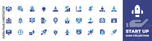 Start up icon collection. Duotone color. Vector and transparent illustration. Containing idea, startup, start up, deployment, launch, presentation, take off, advancement, rocket, rocket launch.