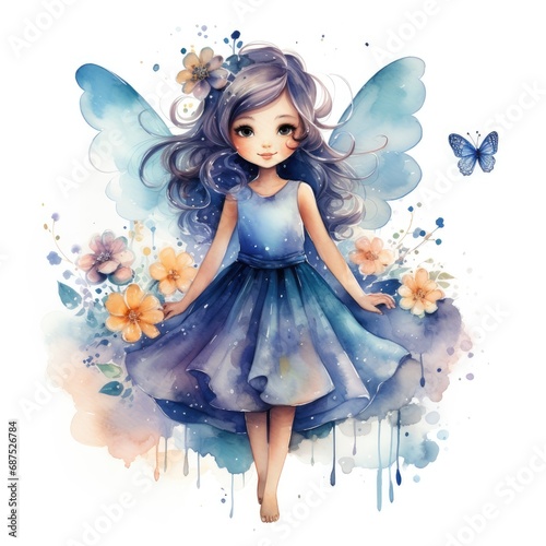 Watercolor cartoon illustration of a beautiful little fairy in a blue dress.