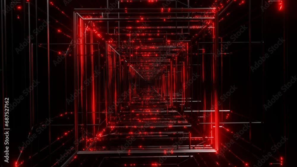 movement through a dark endless abstract tunnel. black stripes with flashing red light on a black background. 3d render looped animation