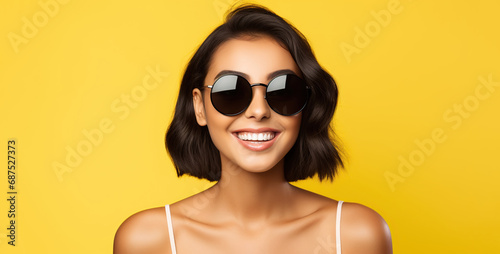 Portrait of young happy woman with black bob hairstyle. Skin care beauty, skincare cosmetics, dental concept, isolated over yellow background. 
