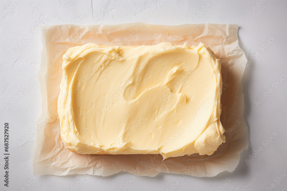 Block of melting butter on a rustic table. A close-up of a fresh and organic dairy product.