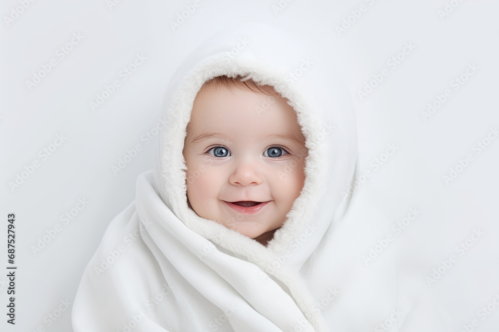 New born baby wrapped in sheet white background backdrop illustration babies toddler infant cute face, generated ai New born baby wrapped in sheet white background backdrop illustration babies toddler infant cute face, generated ai