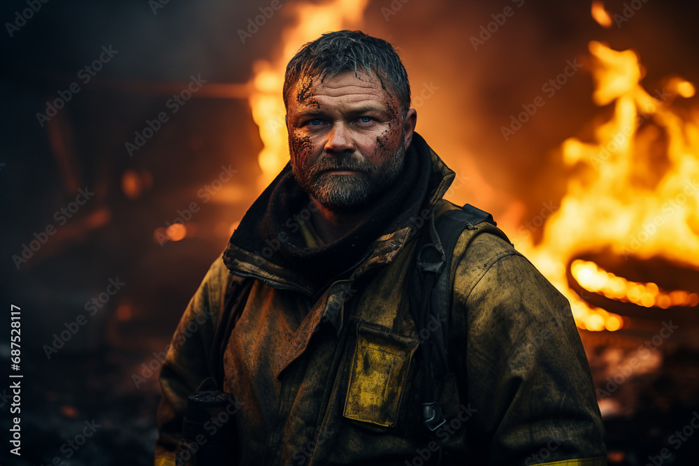 Fototapeta premium AI generated portrait of rescuers evacuates people from fire