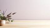 ラベンダーとユーカリの花束が陶器の花瓶に飾っているベージュの木製の机、背景薄い紫、コピースペース