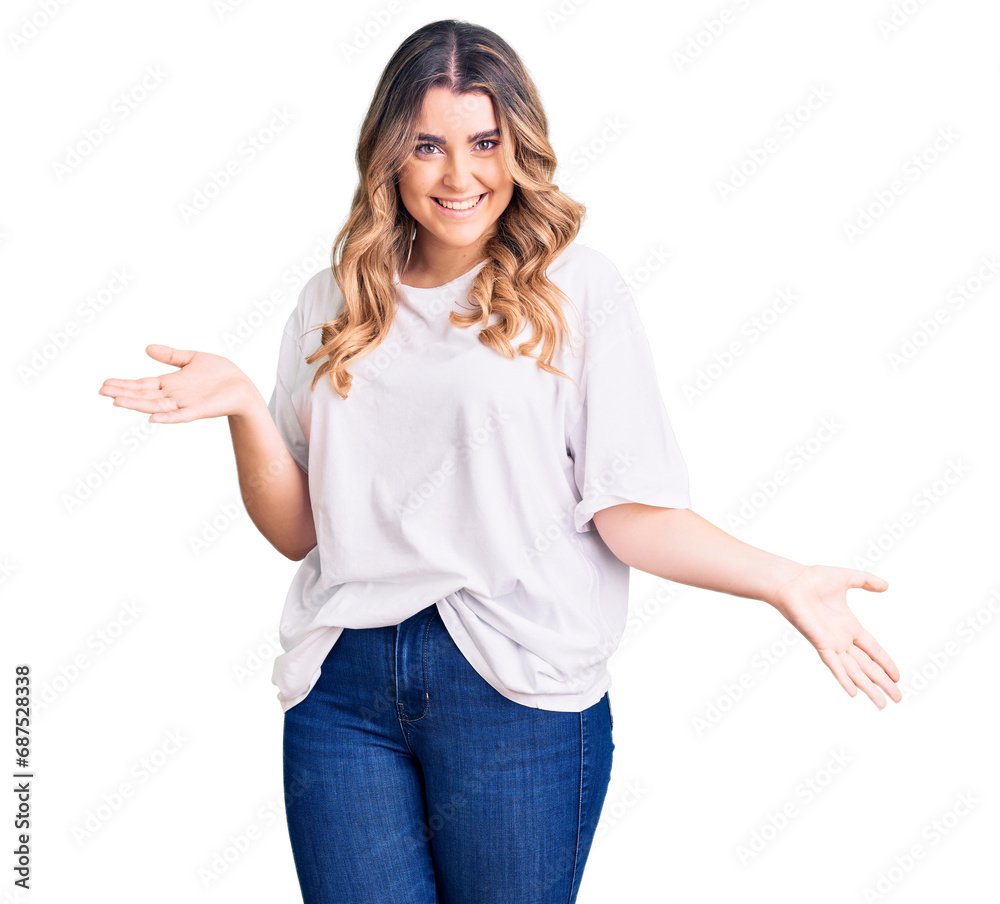 Young caucasian woman wearing casual clothes smiling showing both hands open palms, presenting and advertising comparison and balance Young caucasian woman wearing casual clothes smiling showing both hands open palms, presenting and advertising comparison and balance