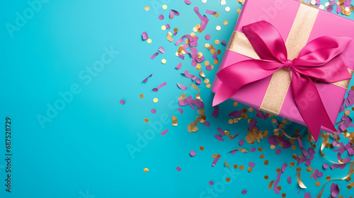 A vivid pink gift box tied with a magenta ribbon  surrounded by gold confetti on a bright turquoise background  showcasing a vibrant and relatable personality  elaborately wrapped for Valentine   s Day