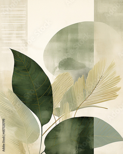 calm green boho style posters with geometric shapes and palm leaves 8:10 for design and wall art print backdrop