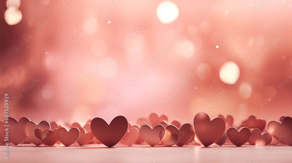A dreamy scene of floating hearts illuminated by soft red lights, set against a light pink and bronze background, creating a magical and romantic atmosphere, Valentine’s Day, with copy space