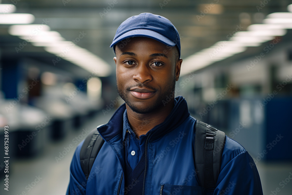 Made with generative AI technology image of black man in uniform working as postman in the warehouse Made with generative AI technology image of black man in uniform working as postman in the warehouse