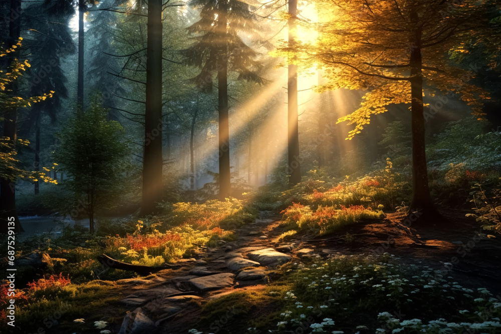 The sunlight shining over trees in a forest