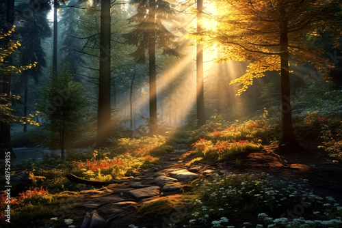The sunlight shining over trees in a forest