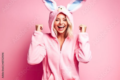 Beautiful sexy smiling woman wearing a Easter bunny costume, pajama on pink background. photo