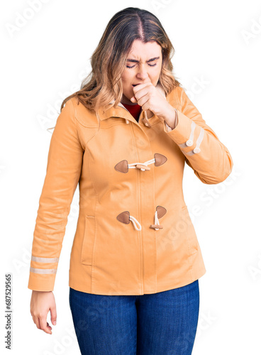 Young caucasian woman wearing casual clothes feeling unwell and coughing as symptom for cold or bronchitis. health care concept.