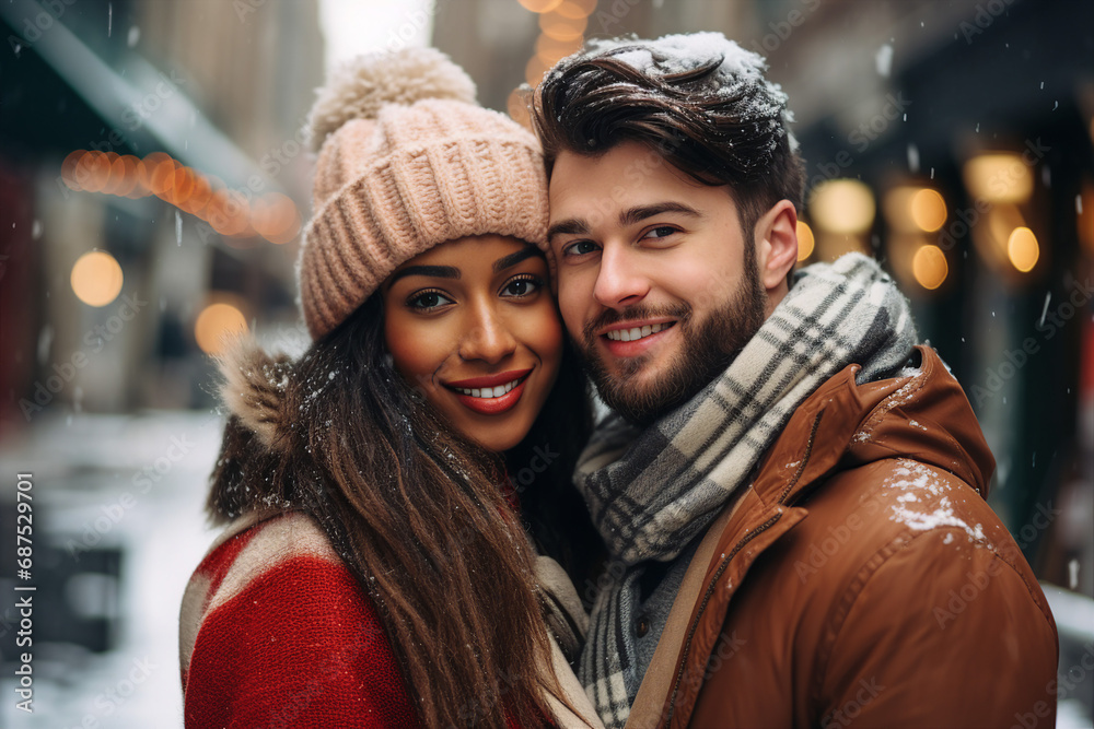Generative AI portrait of young lovers couple over new year decorations snowy city winter fair Generative AI portrait of young lovers couple over new year decorations snowy city winter fair