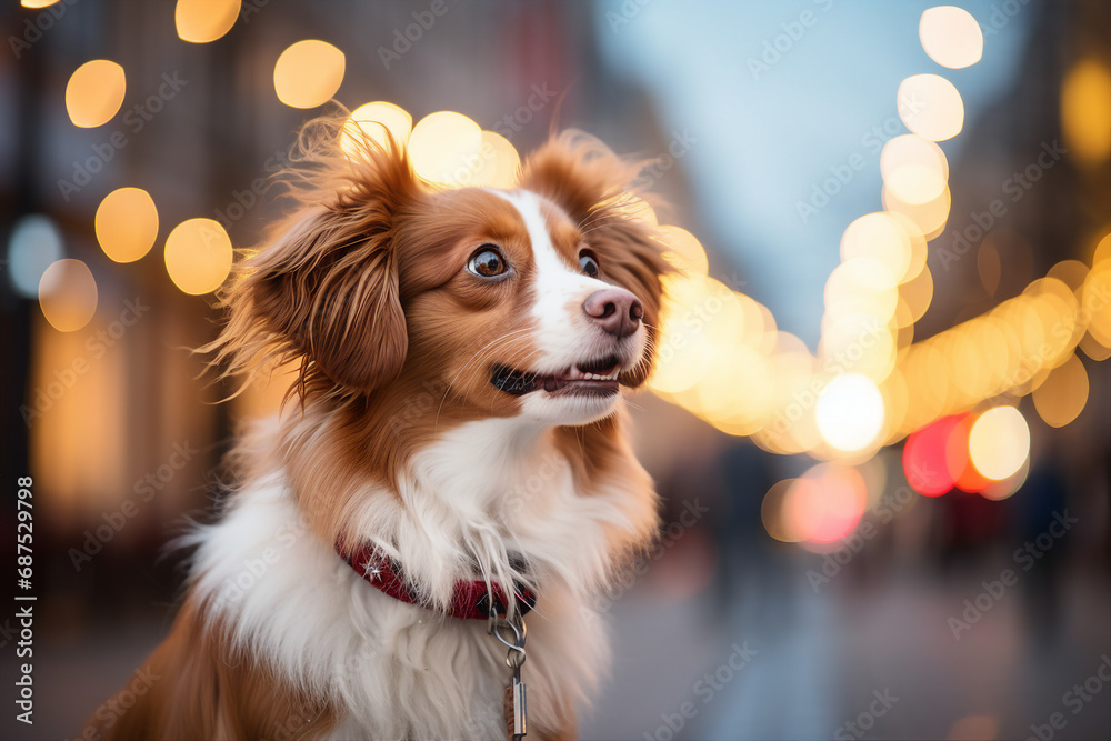 Generative AI portrait of cute adorable dog pet over new year decorations snowy city winter fair