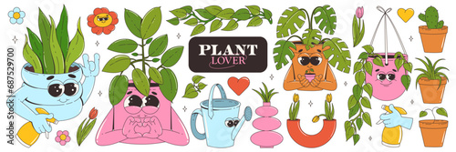 A set of stickers with house plants and flowers. Trendy cartoon retro groovy character style. Monstera, ficus, cactus, tulip, watering can. Vector illustration. #687529700
