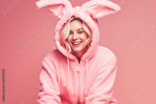 Beautiful sexy smiling woman wearing a Easter bunny costume, pajama on pink background. photo