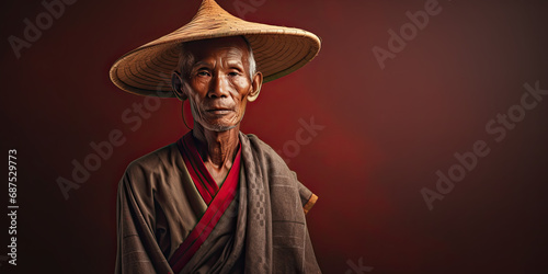 Old Thai man elderly Thailand traditional ethnic clothing authentic portrait empty space, vintage ethnicity fashion, generated ai