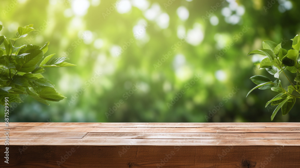 Empty wooden tabletop with a blurred green leafy background and sunlight filtering through the trees, ideal for product display. AI Generative Empty wooden tabletop with a blurred green leafy background and sunlight filtering through the trees, ideal for product display. AI Generative