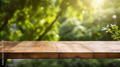 Empty wooden tabletop with a blurred green leafy background and sunlight filtering through the trees, ideal for product display. AI Generative
