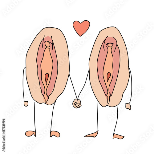 female same-sex love. Two cartoon vaginas with hearts drecking hands. Vector doodle drawing eps 10