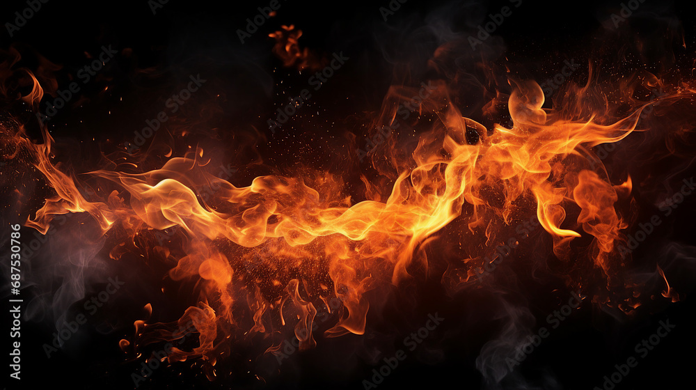 Intense Fiery Display: Burning Flames and Sparks on a Dramatic Black Background - Dynamic Energy and Power in a Mesmerizing Heatwave Composition.