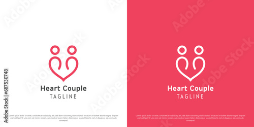 Heart couple logo design illustration. Silhouettes of people men women happy couples girlfriends dating loving affection. Creative abstract minimalist simple icon concept.