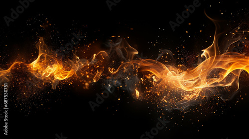 Intense Fiery Display: Burning Flames and Sparks on a Dramatic Black Background - Dynamic Energy and Power in a Mesmerizing Heatwave Composition. © Sunanta
