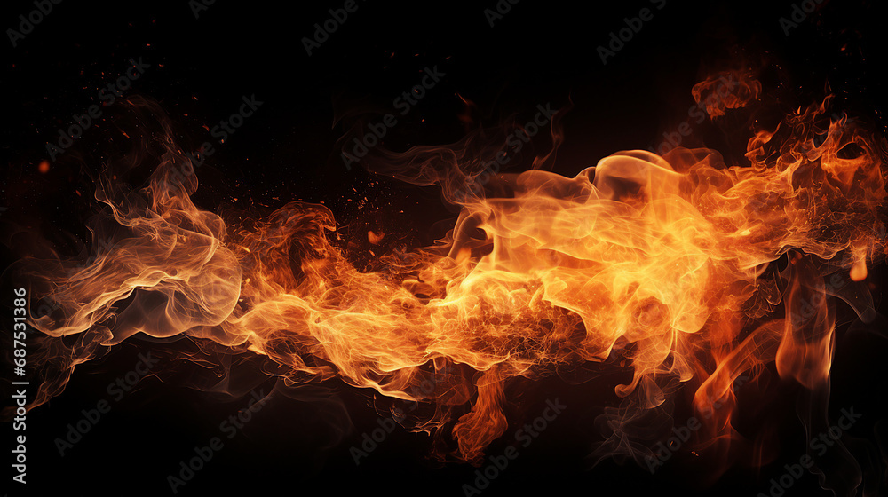 Intense Fiery Display: Burning Flames and Sparks on a Dramatic Black Background - Dynamic Energy and Power in a Mesmerizing Heatwave Composition.