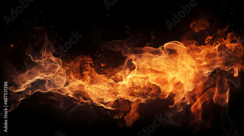 Intense Fiery Display: Burning Flames and Sparks on a Dramatic Black Background - Dynamic Energy and Power in a Mesmerizing Heatwave Composition.