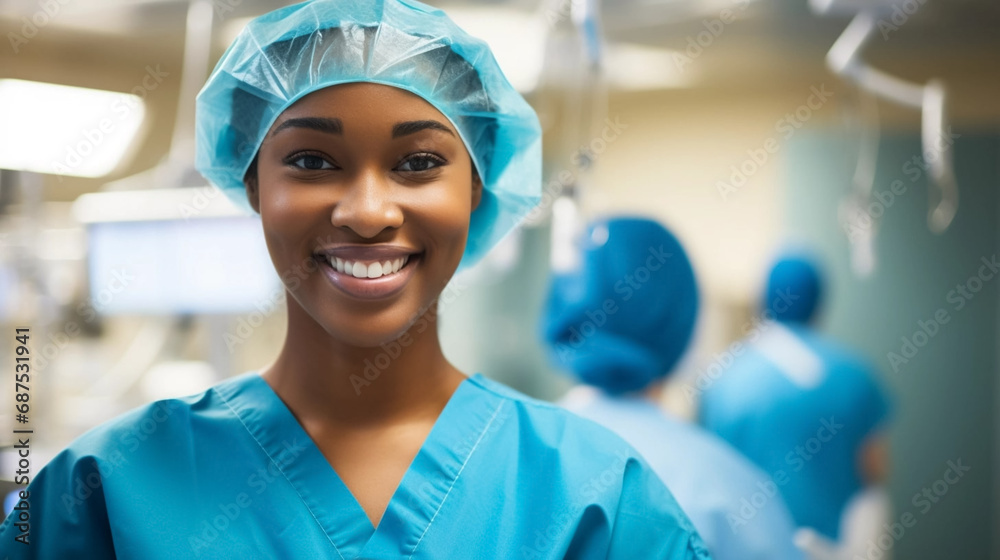 Smiling surgeon black woman in surgical operating room, talented doctor surgeon successfully performed complex surgery on patient, happy smiling black woman in medical coat and cap. Professional exper