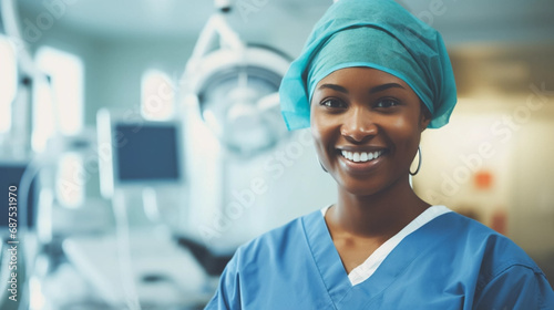 Smiling surgeon black woman in surgical operating room, talented doctor surgeon successfully performed complex surgery on patient, happy smiling black woman in medical coat and cap. Professional exper photo