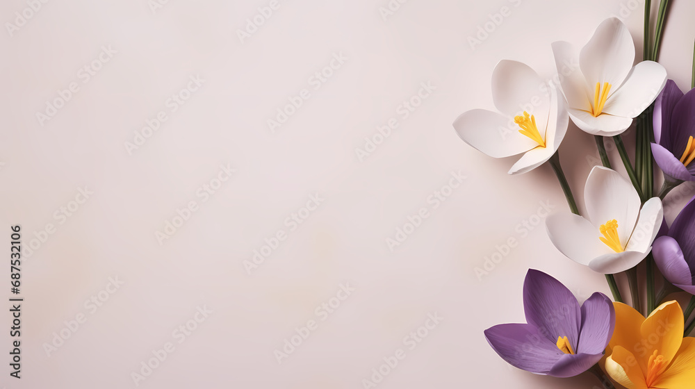 Fototapeta premium Spring, Easter floral concept. White and violet crocuses, saffron flowers on beige cardboard, table background. Minimal natural composition, web banner. Flat lay, top, copy space