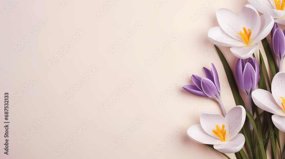 Fototapeta premium Spring, Easter floral concept. White and violet crocuses, saffron flowers on beige cardboard, table background. Minimal natural composition, web banner. Flat lay, top, copy space