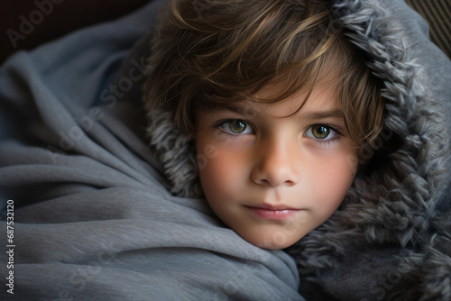 Generative AI closeup portrait charming little kid wrapped in warm laundry blanket waking up weekend © Tetiana
