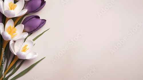 Spring, Easter floral concept. White and violet crocuses, saffron flowers on beige cardboard, table background. Minimal natural composition, web banner. Flat lay, top, copy space