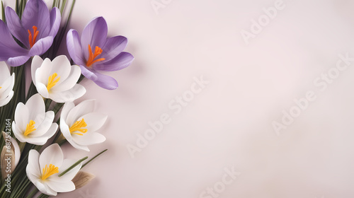 Spring  Easter floral concept. White and violet crocuses  saffron flowers on beige cardboard  table background. Minimal natural composition  web banner. Flat lay  top  copy space