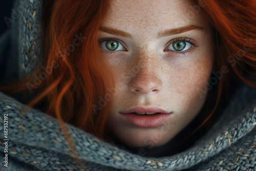 Generative AI closeup portrait young foxy ginger girl wrapped in warm laundry blanket waking up chilly morning photo