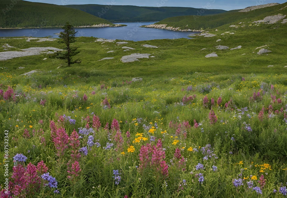 Obraz premium Wildflower Waltz: Nova Scotia's Cape Breton Highlands National Park Meadow Magic