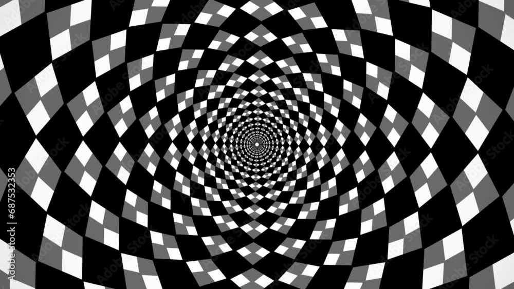Circular tunnel rhomboidal chess black and white rotating, checker board 3d animation, optical illusion loop footage abstract background for vj, dj, template, meditation, intro and outro video.