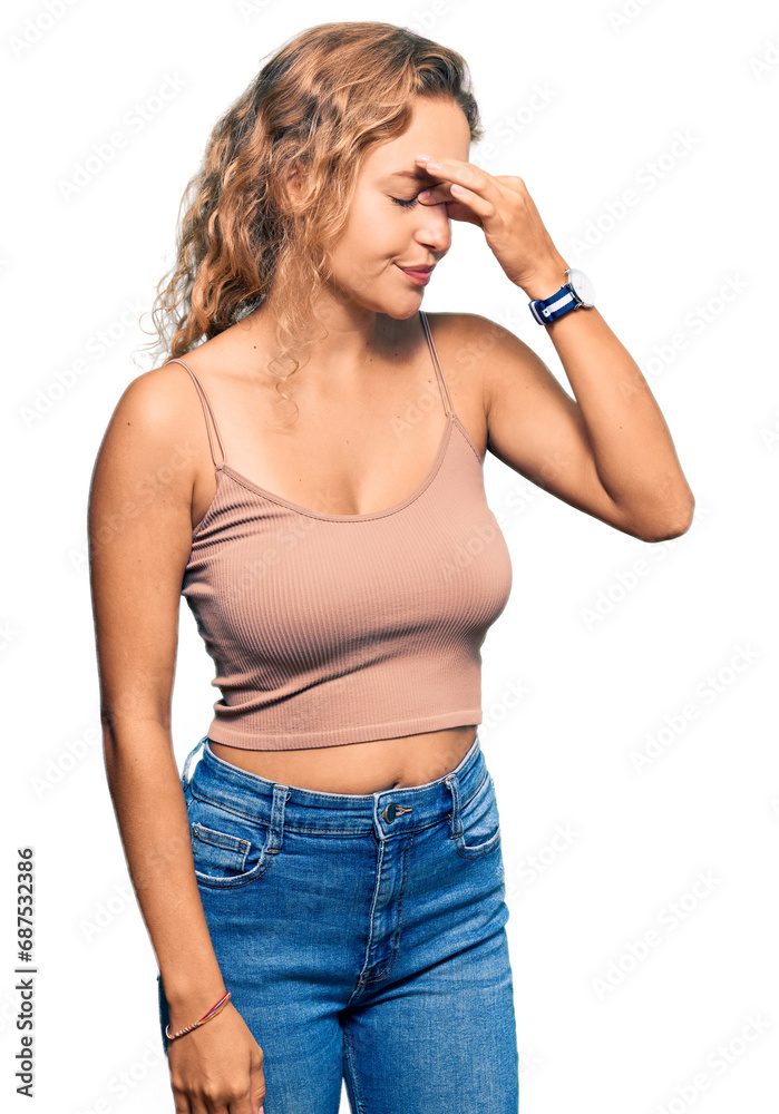 Beautiful caucasian woman wearing casual clothes tired rubbing nose and eyes feeling fatigue and headache. stress and frustration concept. Beautiful caucasian woman wearing casual clothes tired rubbing nose and eyes feeling fatigue and headache. stress and frustration concept.
